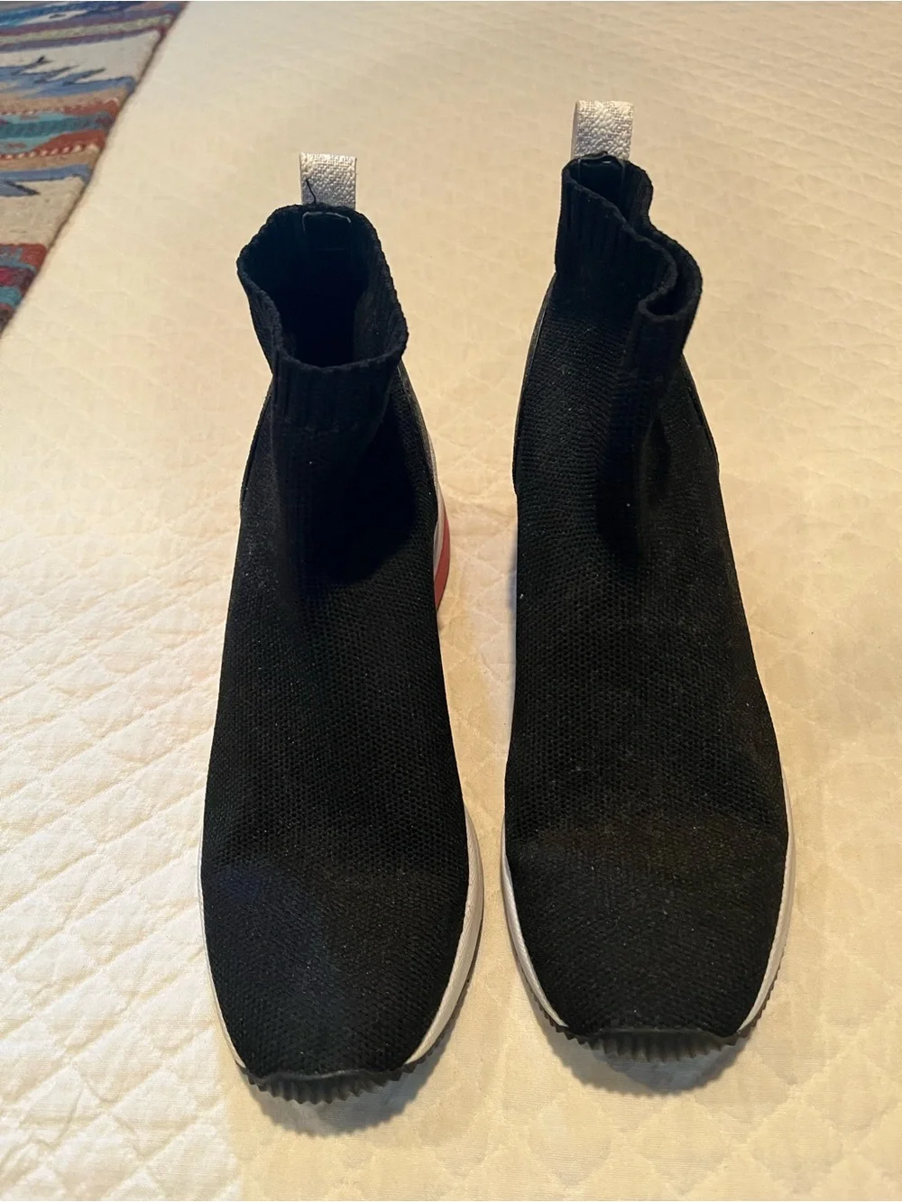 Michael Kors Black Slip-On Knit Sneakers with White and Red Accents